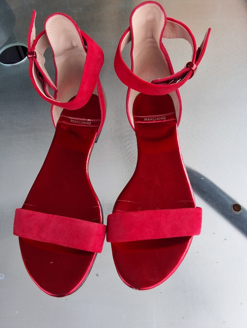 Marciano Bright Red Suede Ankle-Strap Sandals